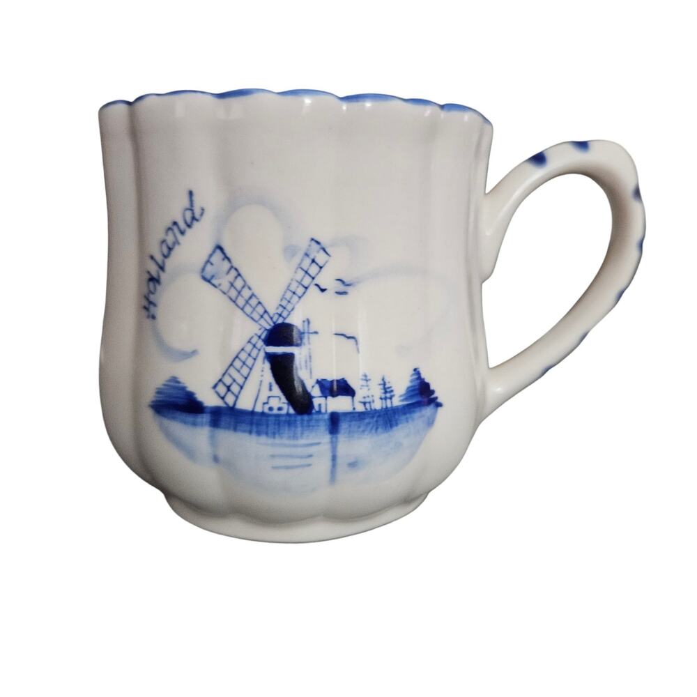 Vintage Delft Blue Holland Hand Painted Windmill Floral Porcelain Coffee Mug